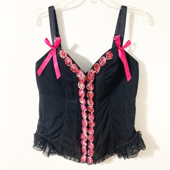 Cacique Corsets / Bustier Black Pink Ribbon Back Closure Underwire Lightly Lined - Picture 1 of 12
